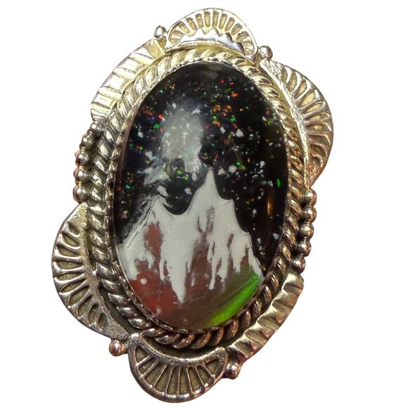 Sterling Silver Mountain Aurora Opal Adjustable Ski Trip Ring - Picture 1 of 7